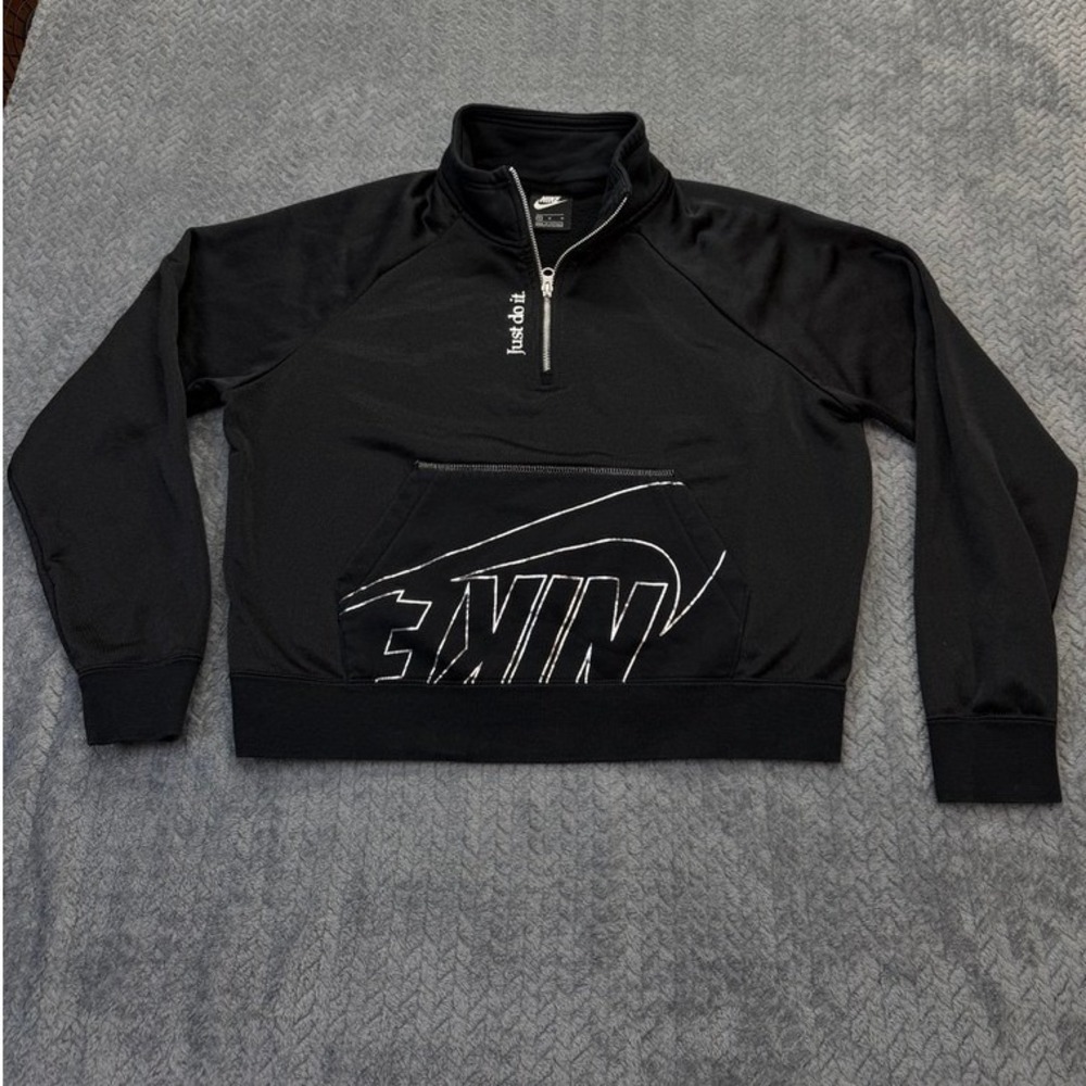 Nike Quarter Zip Pullover Womens Med Black‎ Silver Just Do It Cropped Sweatshirt